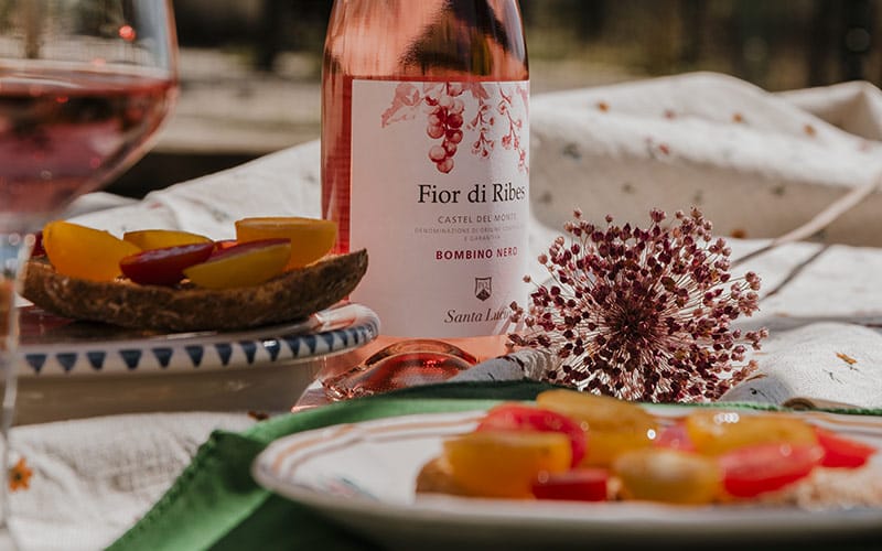 tavolo con bruschette e bottiglia di vino fior di ribes
